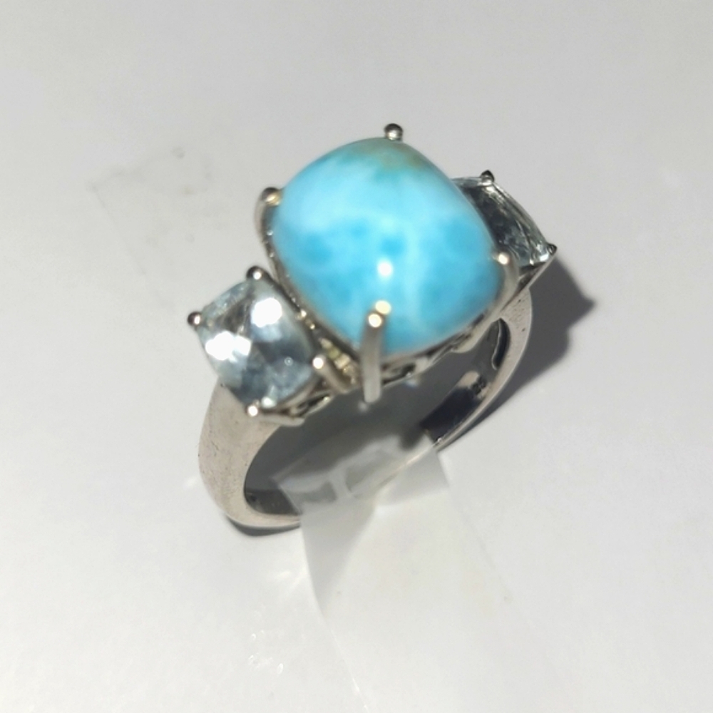 Ring Genuine Larimar Center Stone & Aquamarine baguettes Sterling Silver sz 9
